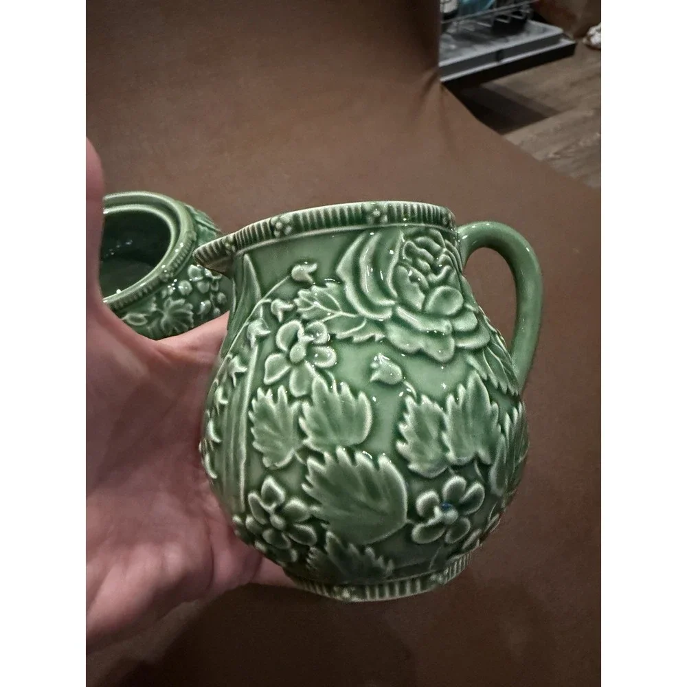 Tiffany & Co. Strawberry & Vine Green Majolica Cream & Sugar Set Portugal